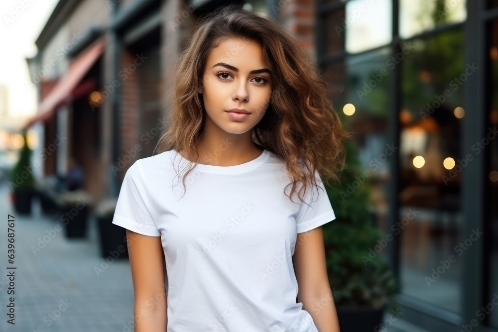 Mockup. Young girl in blank white tshirt in city street. Mock up template for t-shirt design print
