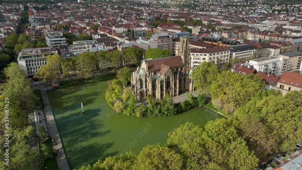 sunny day famous stuttgart city cathedral exterior park pond aerial panorama 4k germany sunny day famous stuttgart city cathedral exterior park pond aerial panorama 4k germany