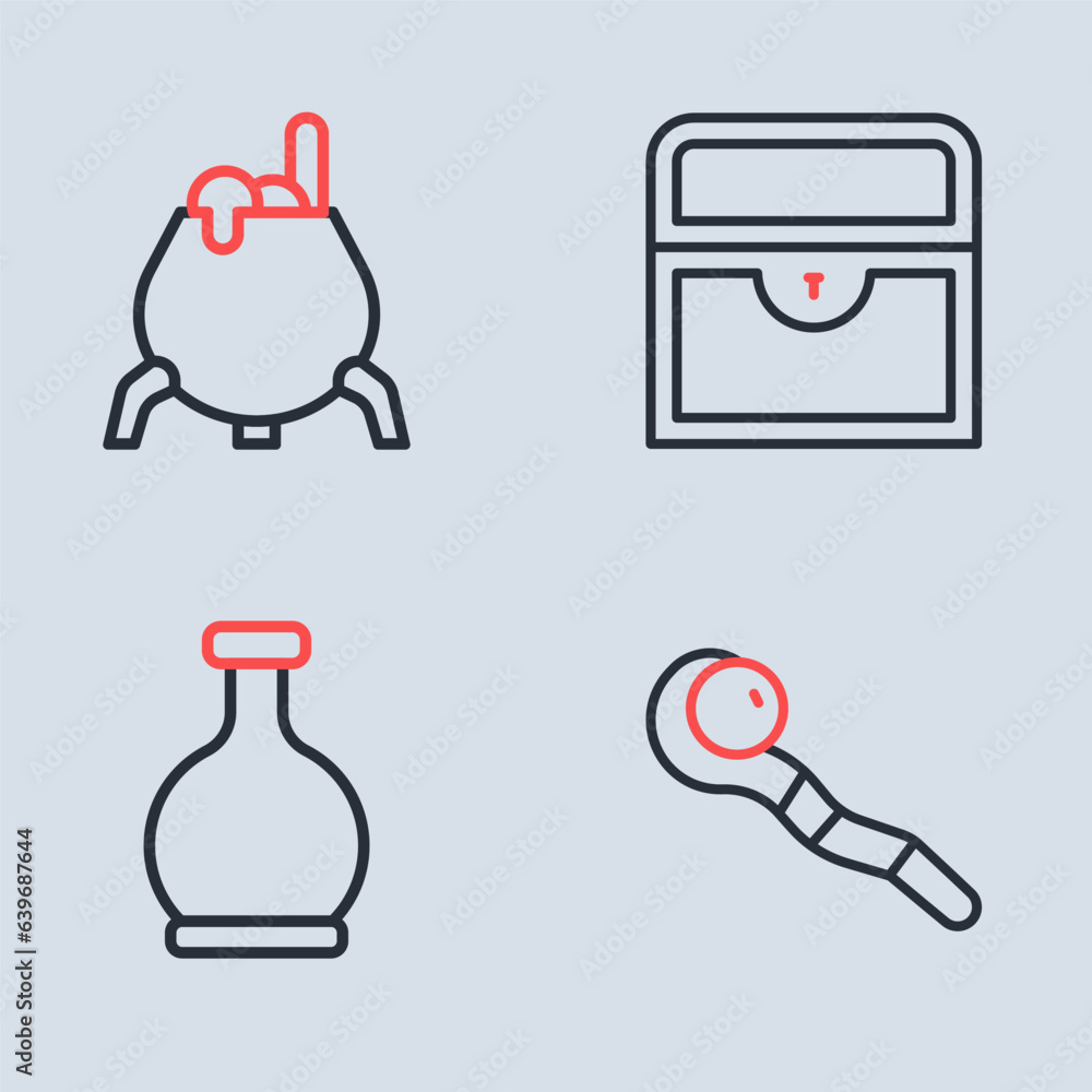 Set line Antique treasure chest, Bottle with potion, Magic staff and Witch cauldron icon. Vector Set line Antique treasure chest, Bottle with potion, Magic staff and Witch cauldron icon. Vector