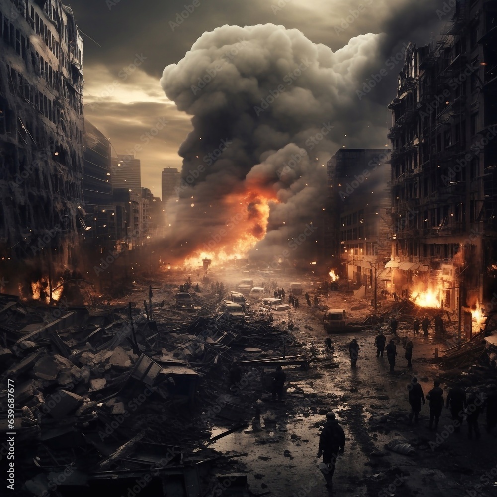 Destruction of the city and its inhabitants by fires, explosions and destruction of buildings. The concept of war and disasters. Generative AI.