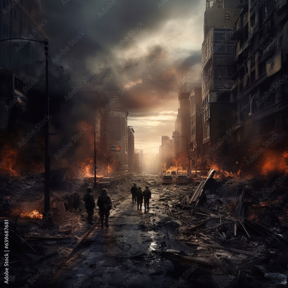 Destruction of the city by fires, explosions and destruction of buildings. City dwellers near their destroyed houses. War and disaster concept. Generative AI.