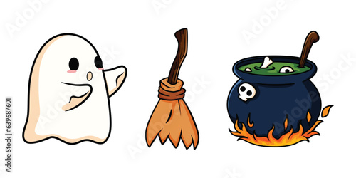 halloween element illustration design. ghosts, witches' broomsticks and potions in barrels photo
