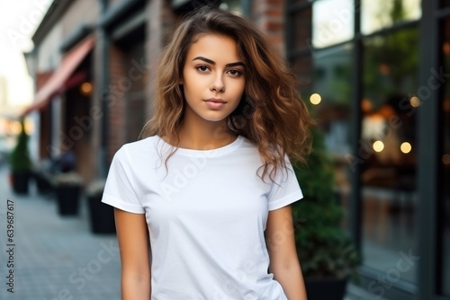 Mockup. Young girl in blank white tshirt in city street. Mock up template for t-shirt design print