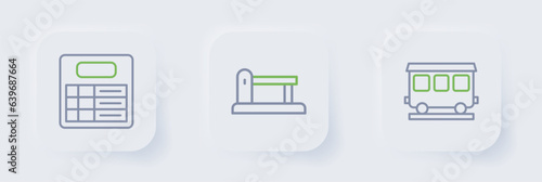 Set line Passenger train cars, Railway, railroad track and Train station board icon. Vector