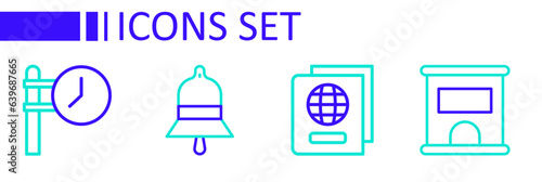 Set line Ticket office to buy tickets, Passport, Train station bell and clock icon. Vector