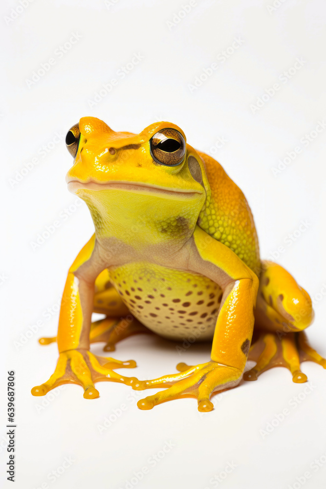 Yellow frog with black eye sitting on white surface. Yellow frog with black eye sitting on white surface.