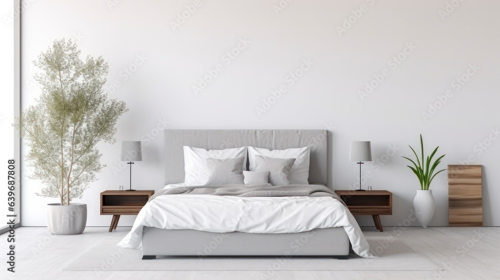 Modern bedroom interior design. Luxury home bedroom with empty white wall background, generative ai Modern bedroom interior design. Luxury home bedroom with empty white wall background, generative ai
