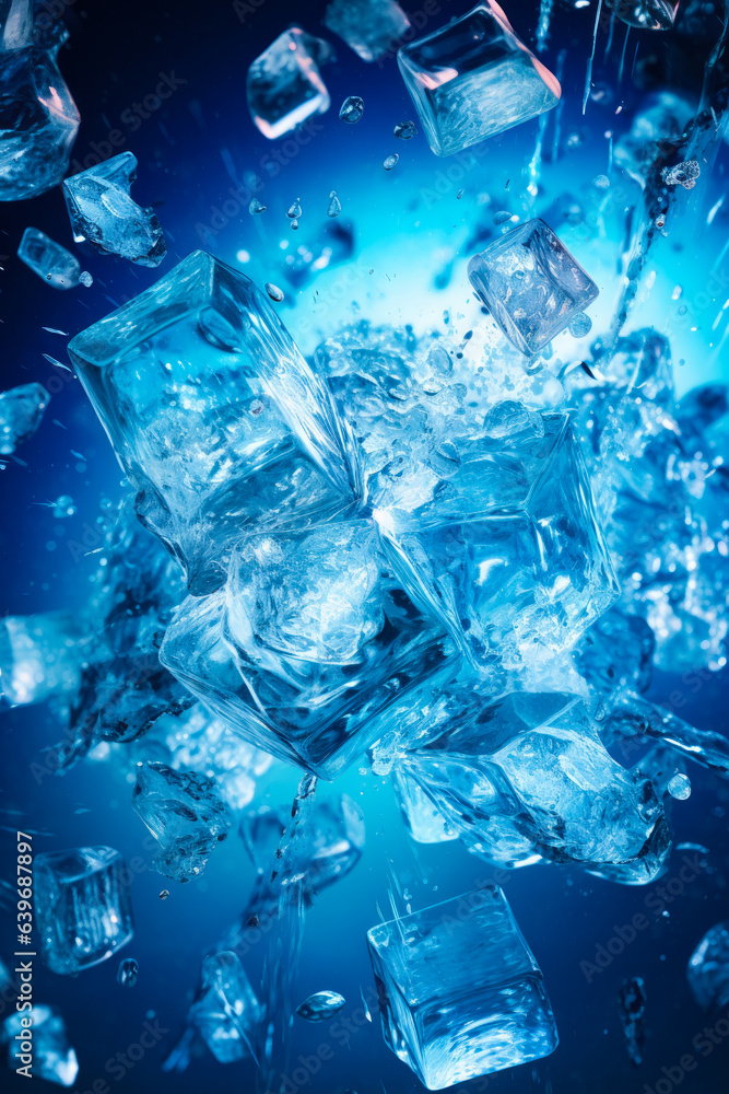 Bunch of ice cubes are falling into the water with water splashing on ...