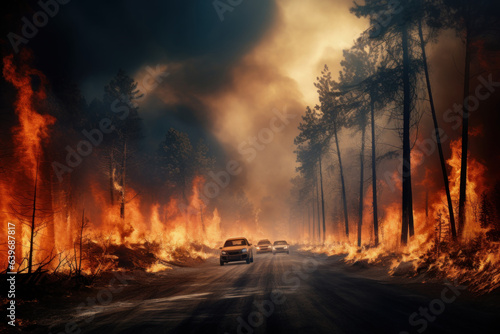 Dry grass is burning, fire in the forest, road with car, natural disaster, severe drought