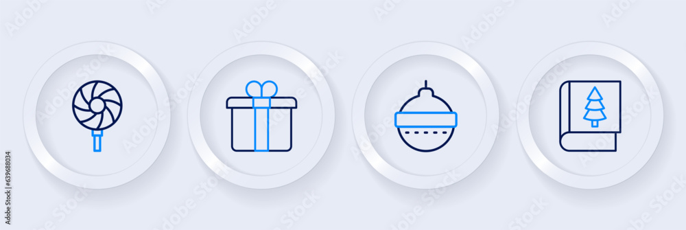 Set line Christmas book, ball, Gift box and Lollipop icon. Vector Set line Christmas book, ball, Gift box and Lollipop icon. Vector