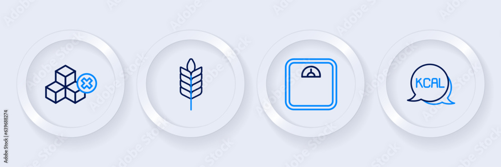 Set line Kcal, Bathroom scales, Wheat and No sugar free icon. Vector Set line Kcal, Bathroom scales, Wheat and No sugar free icon. Vector