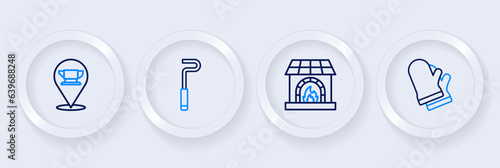 Set line Protective gloves, Blacksmith oven, Fire poker and anvil tool icon. Vector