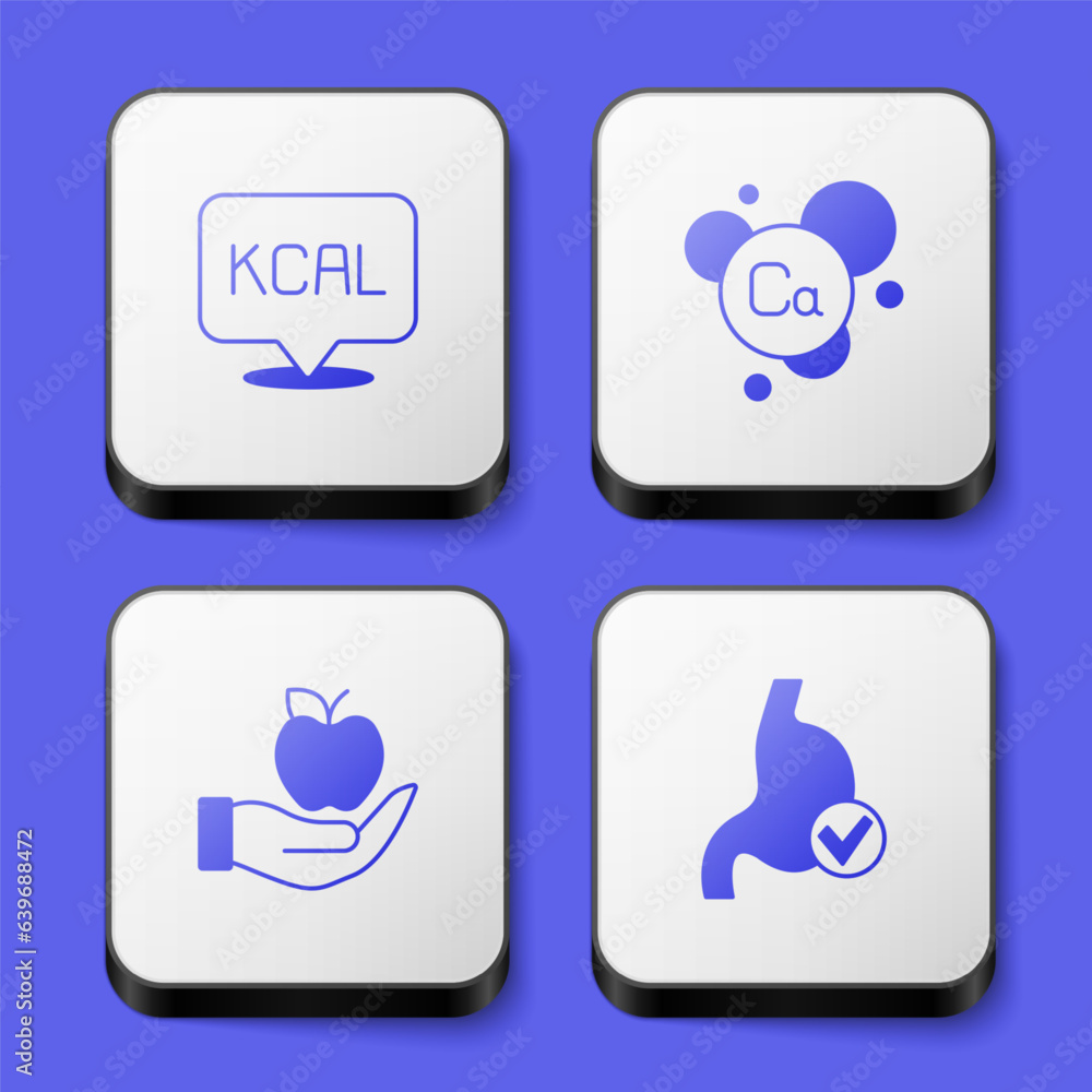 Set Kcal, Calcium, Apple and Human stomach health icon. White square button. Vector