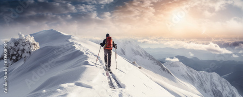 Mountaineer backcountry ski walking ski alpinist in the mountains. Ski touring in alpine landscape . generative ai © Michal