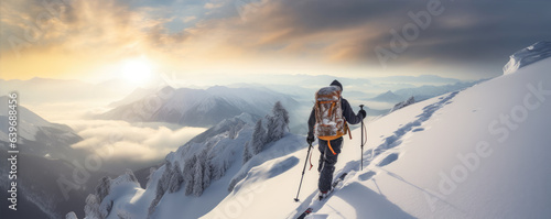 Mountaineer backcountry ski walking ski alpinist in the mountains. Ski touring in alpine landscape . generative ai © Michal