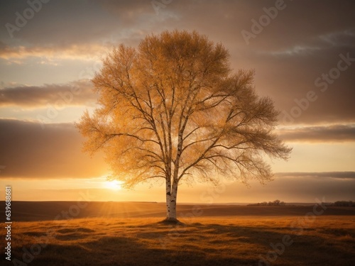 Autumn landscape - a lonely tree with yellow golden leaves. Lonely birch