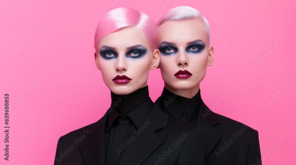 Portrait of girls models with art smoky ice make up. Models with pink hair and haughty faces with bright lips and perfect skin in black suits. Models on a pink background created in ai. Portrait of girls models with art smoky ice make up. Models with pink hair and haughty faces with bright lips and perfect skin in black suits. Models on a pink background created in ai.