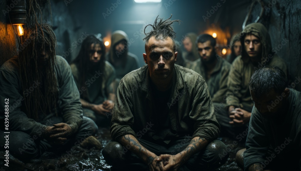 Military soldiers captured. A group of people sitting in a bunker after the apocalypse. Hired killers in their mafia lair. Rock group created in AI.