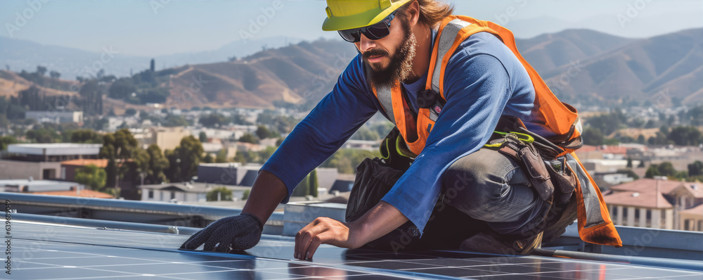 Installation of solar panels on the roof of a tall building. Professional installation by a trained personnel. Generative AI