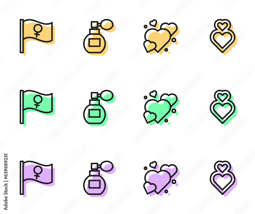 Set line Heart, Feminist activist, Perfume and icon. Vector Set line Heart, Feminist activist, Perfume and icon. Vector