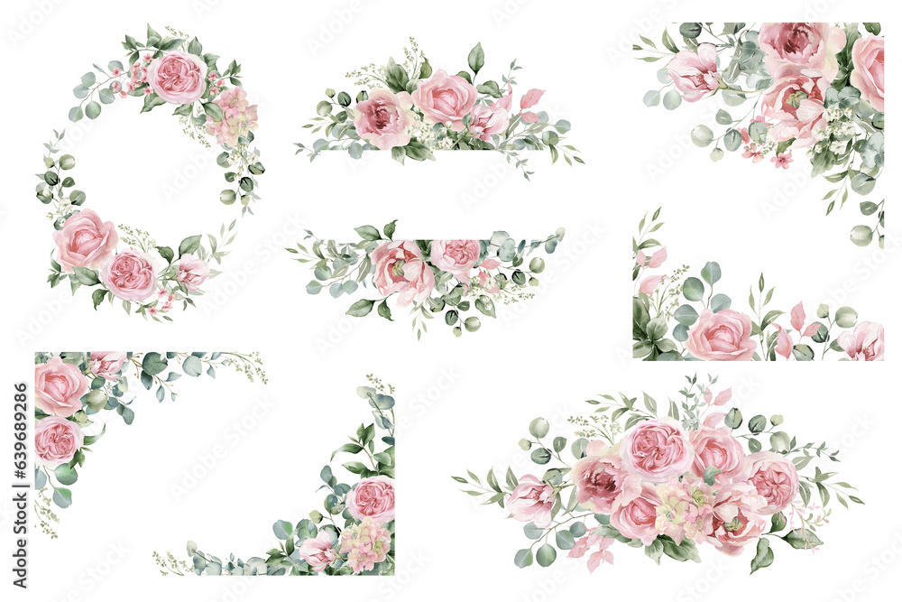 Watercolor light pink flowers and eucalyptus greenery  PNG.  Wedding clipart. Dusty roses, soft blush peony - border, wreath, frame, bouquet. Perfect for stationary, greeting card, fashion