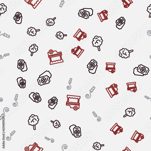 Set line Circus ticket, Cotton candy, Birthday party horn and Fast street food cart on seamless pattern. Vector