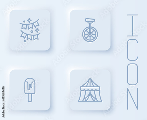 Set line Carnival garland with flags, Unicycle, Ice cream and Circus tent. White square button. Vector