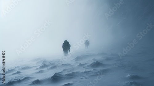 Two climbers climb to the top of a snowy mountain. Professional hiking. Climbing team. Tourism or sport life style concept. Illustration for cover, card, postcard, interior design, decor or print.