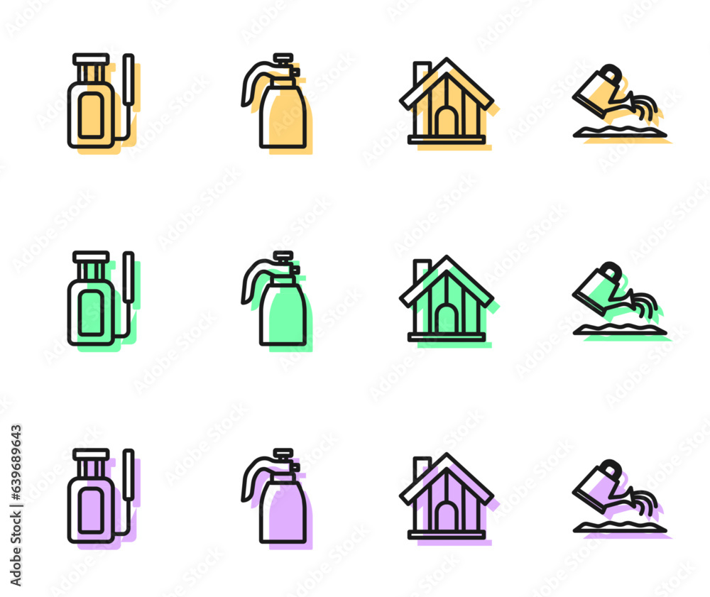 Set line Farm house, Garden sprayer for water, and Watering can icon. Vector