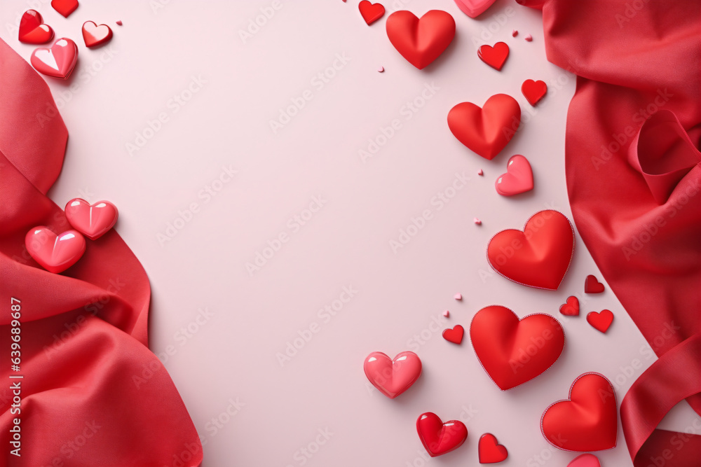Valentine’s Day themed frame composed of red ribbons and hearts of different sizes and shades draped over the top and bottom against a light pink background. Valentine’s Day themed frame composed of red ribbons and hearts of different sizes and shades draped over the top and bottom against a light pink background.