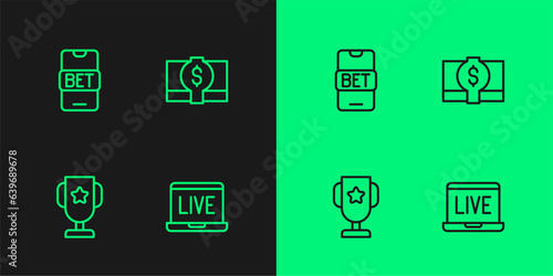 Set line Online poker table game, Casino trophy cup, sports betting and Stacks paper money cash icon. Vector
