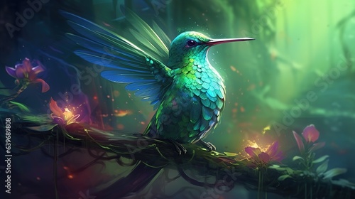 A small bird sits on a branch next to beautiful flowers. Sparkling mythical hummingbird in a fairy forest. Illustration for cover, card, postcard, interior design, decor or print. © Login