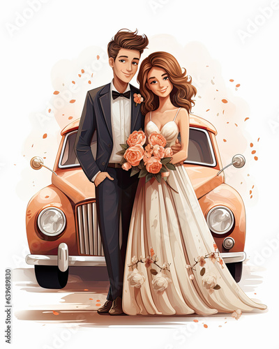 pareja de novios vestido para la celebración de su boda posando con ramo de flores y coche de época photo