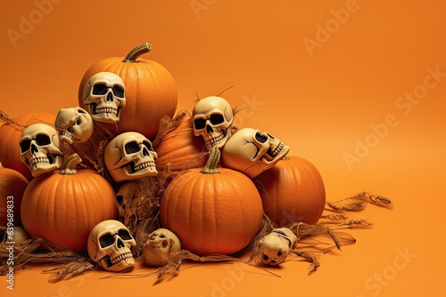 grupo de calabazas y calaveras sobre el suelo, sobre fondo marrón, concepto halloween photo
