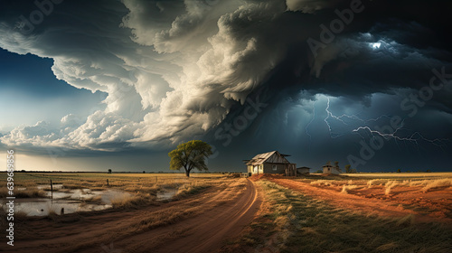 tormenta con rayos y tornado en un campo amarillo con casa al fondo al atardecer