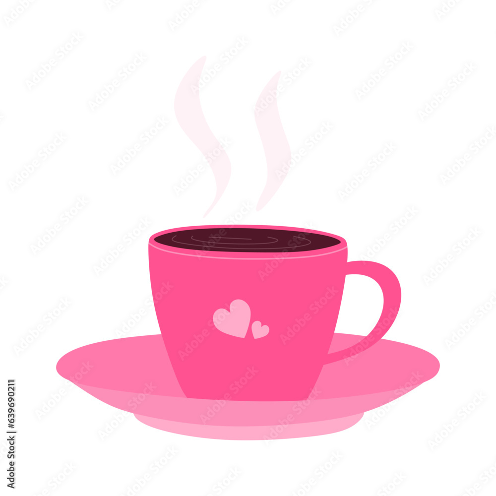 Black coffee in cute pink cup with two hearts. Hot morning drink, fresh espresso. Coffee beverage drink for breakfast isolated on white background. Flat vector illustration Black coffee in cute pink cup with two hearts. Hot morning drink, fresh espresso. Coffee beverage drink for breakfast isolated on white background. Flat vector illustration