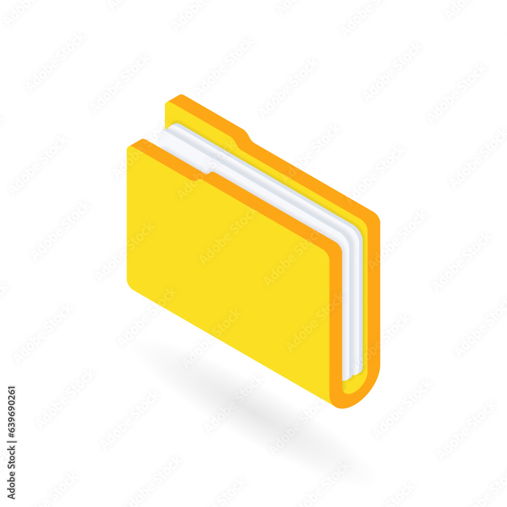 File folder with documents. 3d yellow folder icon for paper management, business project, database, paperwork, archive concept. Left view isometric vector illustration isolated on white background File folder with documents. 3d yellow folder icon for paper management, business project, database, paperwork, archive concept. Left view isometric vector illustration isolated on white background