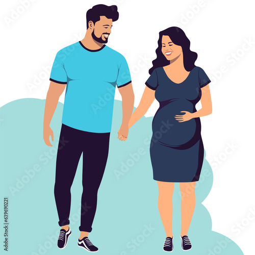 A happy couple, a man and a pregnant woman are walking and holding each other's hands