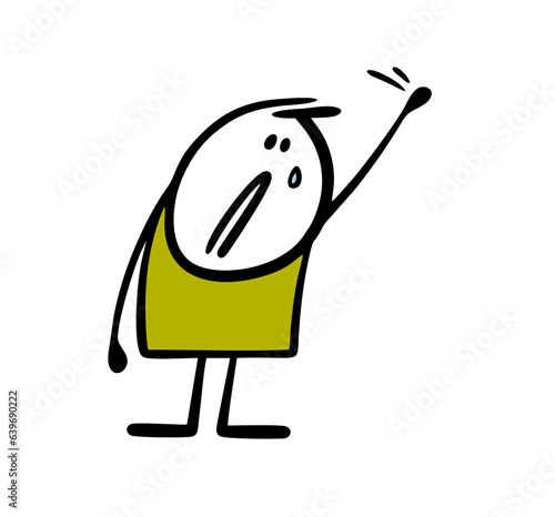 Cartoon very sad stickman raised his hand and waves to a friend. Vector illustration of a guy crying, breaking up with his girlfriend.