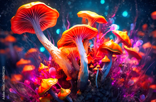 Amid a rainbow-colored backdrop, a variety of colorful mushrooms adds a touch of whimsy and wonder to the scene.