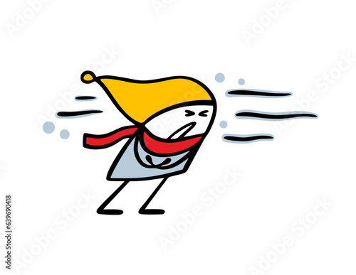 Unhappy doodle boy in a warm jacket, scarf and coat walks through a blizzard and snowfall. Vector illustration of cold winter weather, wind and frost.