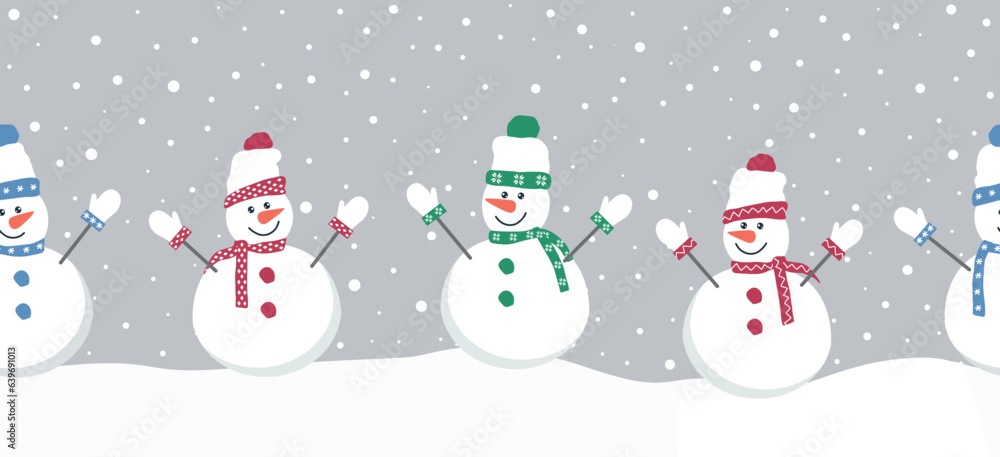 snowmen have fun in winter holidays. Seamless border. Christmas background. Four different snowmen in multicolored winter clothes under snow. Vector illustration
