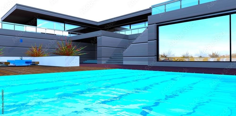The steps are visible under the transparent pool water in the courtyard of the contemporary suburban mini-hotel with metal facade. 3d rendering.