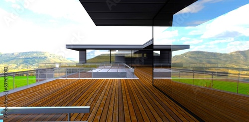 Large panoramic windows reflecting the mountains landscape. Decked terrace fenced with glass. 3d rendering.