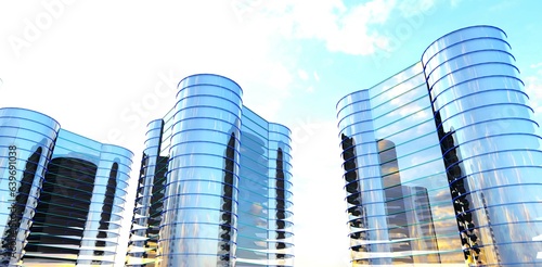 Some similar skyscrapers with glass facade against the cloudy sky. New design according to modern technologies. 3d rendering.