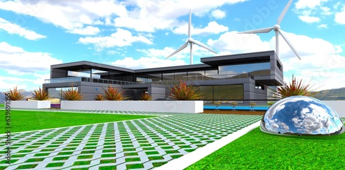 The territory of the eco-friendly villa with wind-turbines. Modern smart house with pool. Concrete grid walkways on the lawn. 3d rendering. photo
