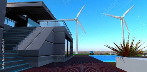 Two wind turbines as autonomous electric sours on the territory of the contemporary mansion with swimming pool. 3d rendering. photo