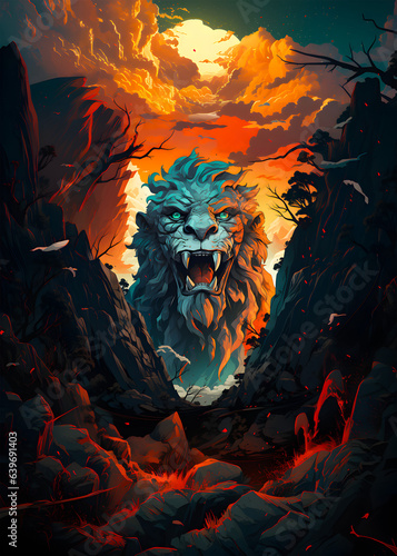 Travel Poster - Lion rock face incrusted in the mountain photo