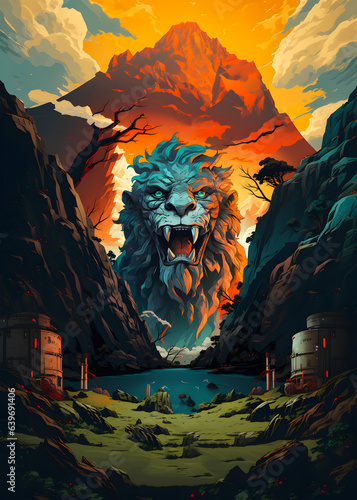 Travel Poster - Lion rock face incrusted in the mountain photo