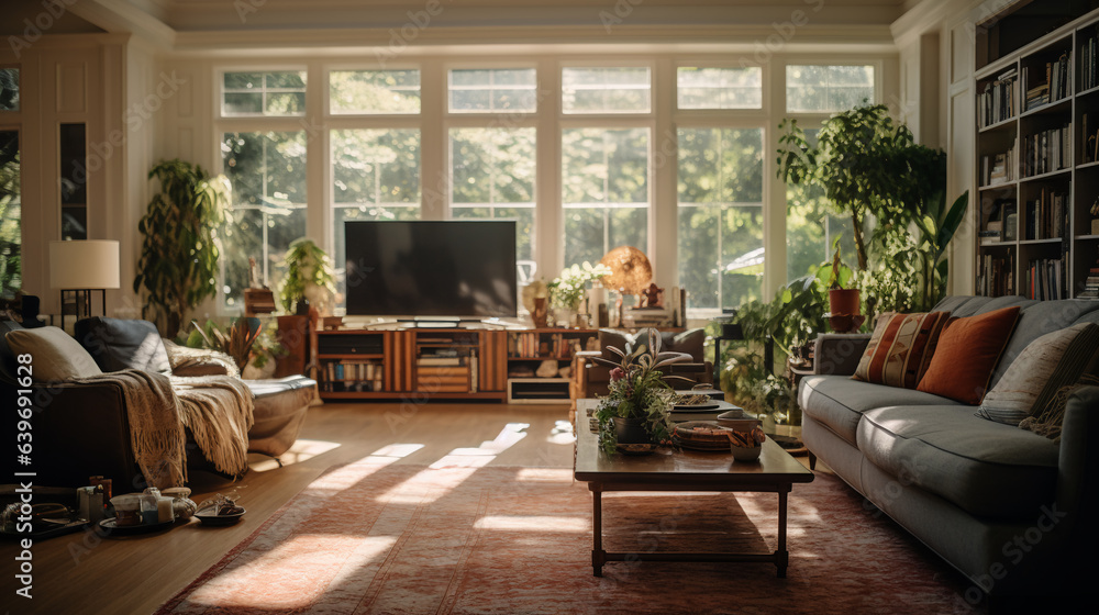 Comfortable living room with sofa, table, lamp and painting